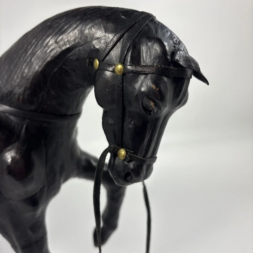 Vintage Leather Wrapped Horse Figurine 16 X 11 In Black Equestrian Western Decor
